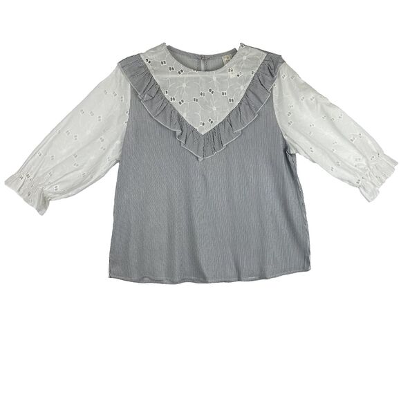 Women’s White Eyelet Ruffle Blouse Cotton Quarter Sleeve Top M - Picture 2 of 8